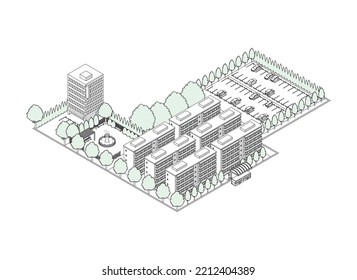 Vista tridimensional del paisaje urbano. Paisaje urbano. Ilustración de dibujo de línea.