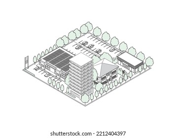 Three-dimensional view of the townscape. Cityscape. Line drawing illustration.