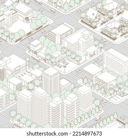 Three-dimensional view of the townscape. Cityscape. Line drawing illustration.