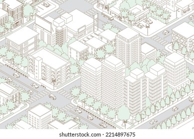 Vista tridimensional del paisaje urbano. Paisaje urbano. Ilustración de dibujo de línea.