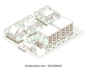 Three-dimensional view of the townscape. Cityscape. Line drawing illustration.