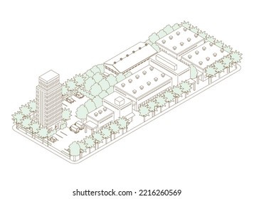Three-dimensional view of the townscape. Cityscape. Line drawing illustration.
