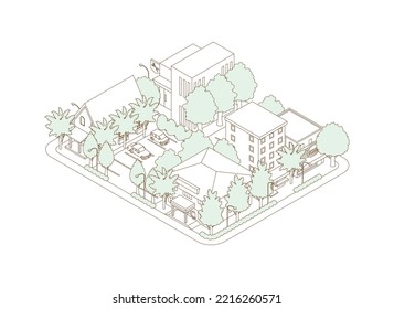 Three-dimensional view of the townscape. Cityscape. Line drawing illustration.