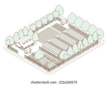 Three-dimensional view of the townscape. Cityscape. Line drawing illustration.