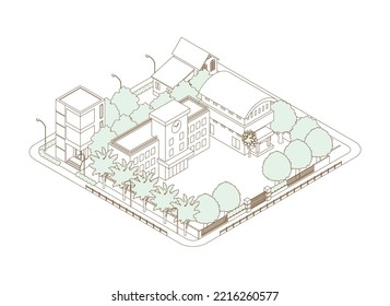 Three-dimensional view of the townscape. Cityscape. Line drawing illustration.