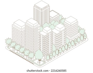 Three-dimensional view of the townscape. Cityscape. Line drawing illustration.