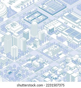 Three-dimensional view of the townscape. Cityscape. Line drawing illustration.