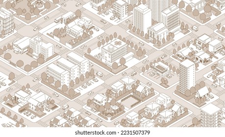 Three-dimensional view of the townscape. Cityscape. Line drawing illustration.