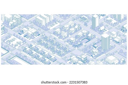 Three-dimensional view of the townscape. Cityscape. Line drawing illustration.