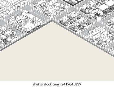 Three-dimensional view of the townscape. Cityscape. Line drawing illustration.