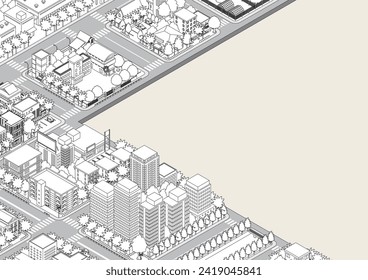 Three-dimensional view of the townscape. Cityscape. Line drawing illustration.