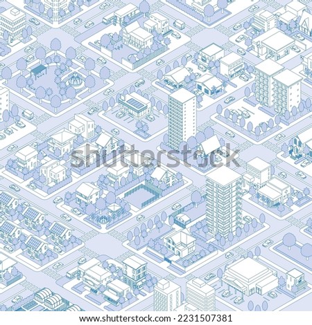 Three-dimensional view of the townscape. Cityscape. Line drawing illustration. Imagine de stoc © 