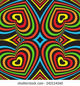 Three-dimensional volumetric seamless pattern. colorful rainbow on black background. vector
