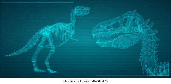 three-dimensional volumetric skeleton of the dinosaur in trianulyatornom style. vector for design. blue on a dark background