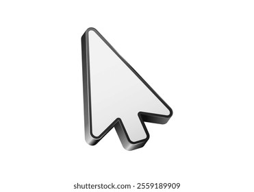 A three-dimensional white arrow cursor icon with a sleek black outline, representing navigation or computer usage.