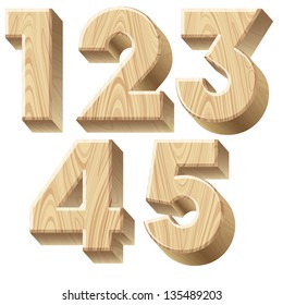 Three-dimensional wooden alphabet. Vector illustration of 3d realistic font characters of wood. Numbers 1-5