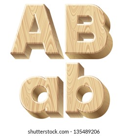 Three-dimensional wooden alphabet. Vector illustration of 3d realistic font characters of wood. Letters a b