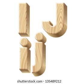 Three-dimensional wooden alphabet. Vector illustration of 3d realistic font characters of wood. Letters i j