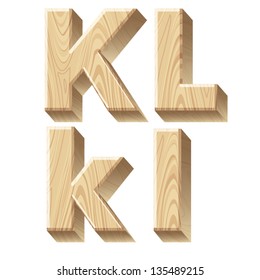 Three-dimensional wooden alphabet. Vector illustration of 3d realistic font characters of wood. Letters k l