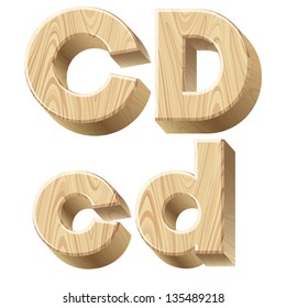 Three-dimensional wooden alphabet. Vector illustration of 3d realistic font characters of wood. Letters c d