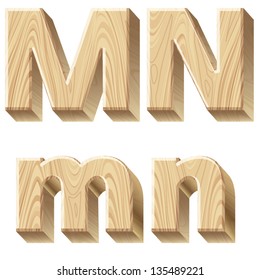 Three-dimensional wooden alphabet. Vector illustration of 3d realistic font characters of wood. Letters m n