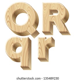 Three-dimensional wooden alphabet. Vector illustration of 3d realistic font characters of wood. Letters q r