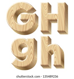 Three-dimensional wooden alphabet. Vector illustration of 3d realistic font characters of wood. Letters g h