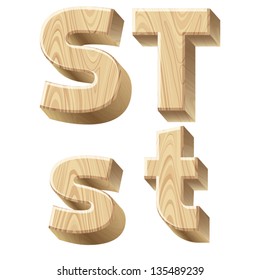 Three-dimensional wooden alphabet. Vector illustration of 3d realistic font characters of wood. Letters s t