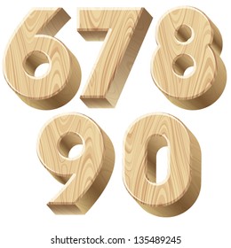 Three-dimensional wooden alphabet. Vector illustration of 3d realistic font characters of wood. Numbers 6-0