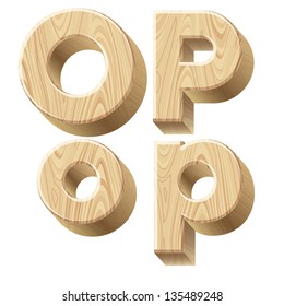 Three-dimensional wooden alphabet. Vector illustration of 3d realistic font characters of wood. Letters o p