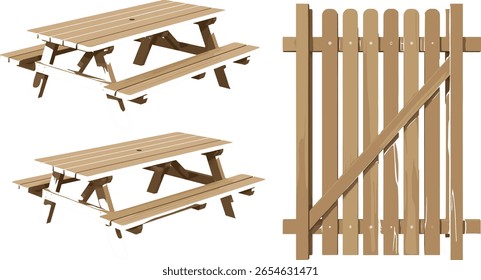 tridimensional, madeira, vetor, mesa, isolado, banco, madeira, branco, conjunto, vermelho, vista, frente, parque, vazio, cafés, mostrar, bar-b-q, vitrine, topo, acampamento, quintal, terraço, lado, ilustração, mesa, jardim