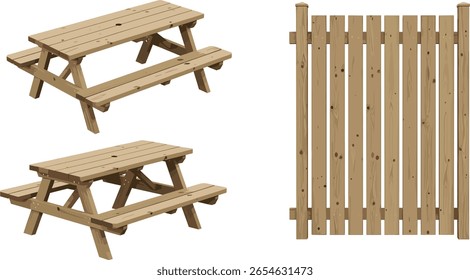 tridimensional, madeira, vetor, mesa, isolado, banco, madeira, branco, conjunto, vermelho, vista, frente, parque, vazio, cafés, mostrar, bar-b-q, vitrine, topo, acampamento, quintal, terraço, lado, ilustração, mesa, jardim