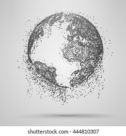 Three-dimensional world globe consist of randomly moving particles . Dotted quicksand wave at motion . Abstract vector illustration . 3d earth map . Destroyed structure . Global network connection