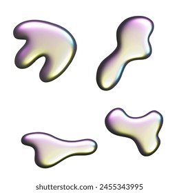 Three-dimensional Y2k Chrome fluid vector elements. Isolated liquid 3d shapes, transparent background. Hologram Futuristic symbols. Glossy Atom, refraction collection. Quicksilver abstract icons set