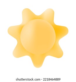 Icono de sol amarillo tridimensional. Estrella con vigas, luz solar, fuente de luz o luz solar 3D ilustración vectorial sobre fondo blanco. Clima, verano, vacaciones, concepto de vacaciones