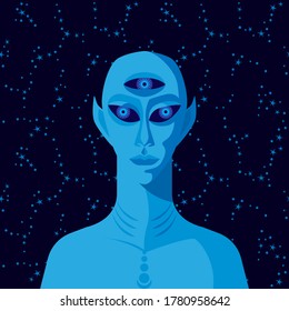 Three-eyed alien on background of starry sky