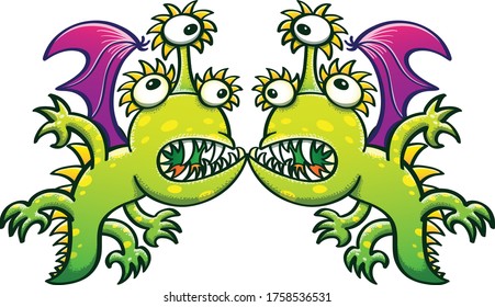 Three-eyed monstrous dragons with green spotted skin, bat wings, sharp teeth and long tails feeling surprised and confused when having an unattended face to face meeting