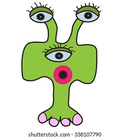 Three-eyed and one-legged cartoon monster. Doodle. Vector image.