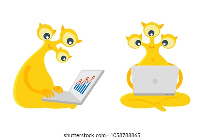 Three-eyed yellow alien character is sitting with laptop looks at the diagram. Face and profile. Flat color vector illustration