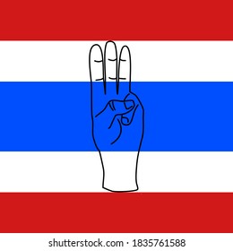 Three-finger salute outline icon on the background of the Thai national flag indicates freedom, equality, brotherhood.