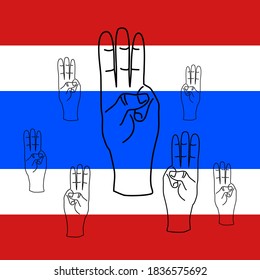 Three-finger salute outline icon on the background of the Thai national flag indicates freedom, equality, brotherhood.