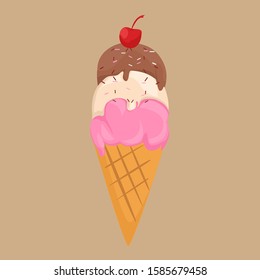 three-flavored ice cream, unique illustration with distinctive taste. flat vector design, isolated plain brown background