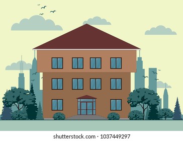 three-floor house facade, tree, street, sky and clouds. Stock flat vector illustration.