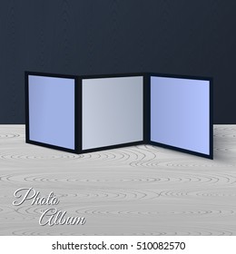 Threefold brochure realistic mockup on the wooden scene or table and wall. Vector illustration