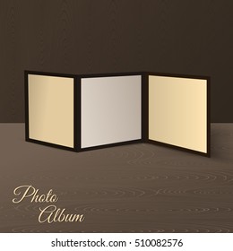 Threefold brochure realistic mockup on the wooden scene or table and wall. Vector illustration