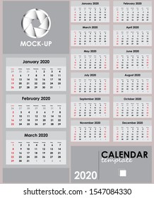Three-fold calendar template for 2020. Full year. Week starts from Sunday. Annual calendar with place for graphics or advertising. Simple layout. I cut it, to the office, to the home desk. 