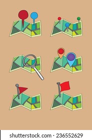 Three-fold road map icons with map pins, markers and other conceptual symbols. Set of six vector illustration isolated on orange background