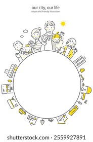 Three-generation family and city round frame Simple and stylish line drawing illustration