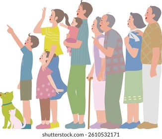 A three-generation family. A couple, parents and children, and a pet looking up with a smile.