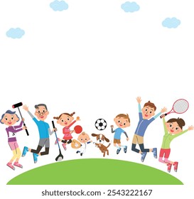 A three-generation family enjoying sports by jumping in the grassland